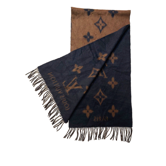 LOUIS VUITTON LV Reykjavik Brown-on-Black Reversible Cashmere Scarf Pre-owned - Picture 5 of 9